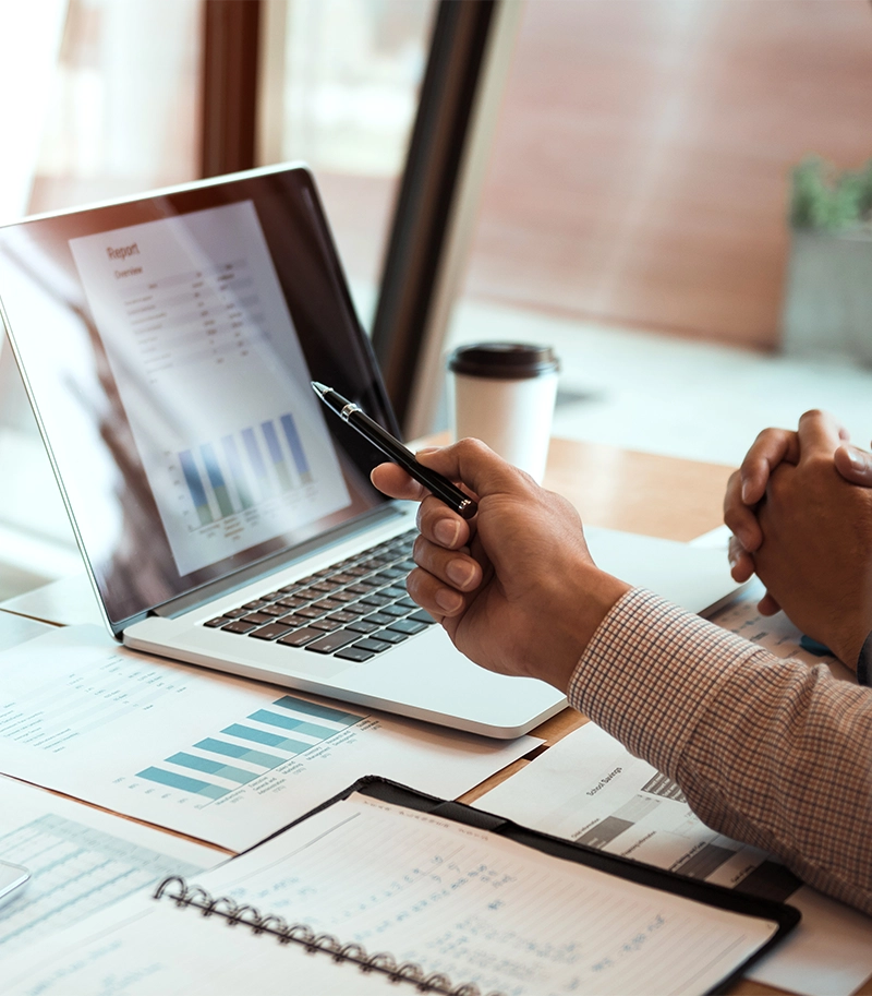 using a laptop computer while analyzing the company's financial statements on the screen.