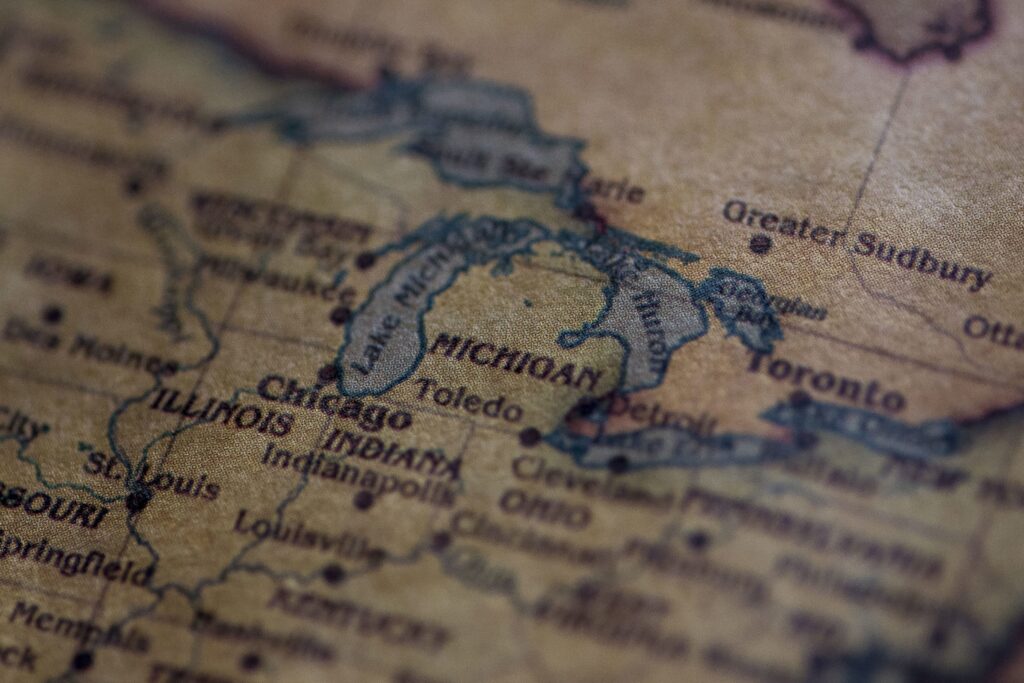 A closeup shot of Michigan State on a vintage map